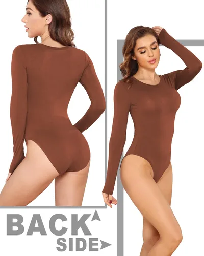 Vista 21 de LAOLASI Body de manga larga con cuello redondo para mujer, ajustado, básico, extensor