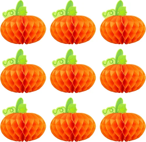 Vista 9 de Gyufise 6 centros de mesa de calabaza, calabaza de papel, panal, calabaza, centros de mesa de calabaza, calabazas de tejido 3D, decoración colgante