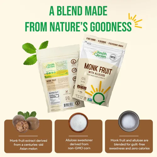 Vista 7 de Health Garden Fruta del monje con edulcorante de alulosa, alternativa natural de azúcar a base de plantas con cero calorías, sin gluten, vegano