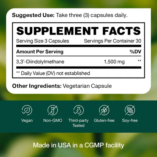 Vista 8 de DIM Suplemento 500mg - Diindolilmetano - Vegano, sin OMG, sin gluten - 90 cápsulas