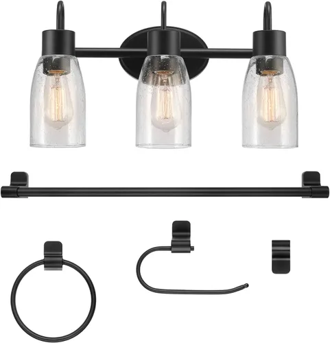 Vista 20 de GLOBE Electric 63000062 - Juego de baño todo en uno de 5 piezas, negro mate y latón, luz de tocador de 3 luces, vidrio sembrado, toallero, soporte