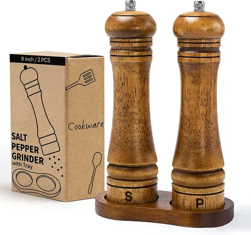 Vista 13 de Molinillo de sal y pimienta de madera, molinillo de sal y pimienta, cocteleras de madera de roble con molinillos de cerámica ajustables, 8 pulgadas