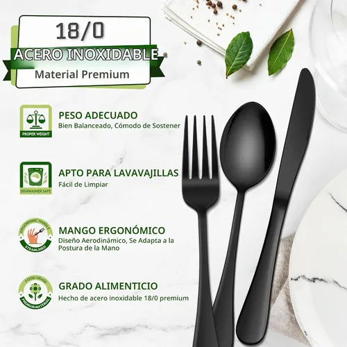 Vista 3 de HaWare Juego de cubiertos negros de 24 piezas con cuchillos para carne, juego de cubiertos de acero inoxidable, juego de cubiertos de grado