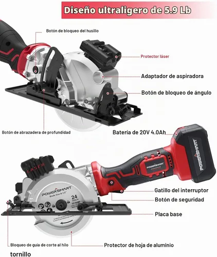Vista 2 de Sierra mini circular inalámbrica PowerSmart de 20 V y 4-1/2 pulgadas con batería de 4.0 Ah y cargador rápido, 4 cuchillas ideales para cortes