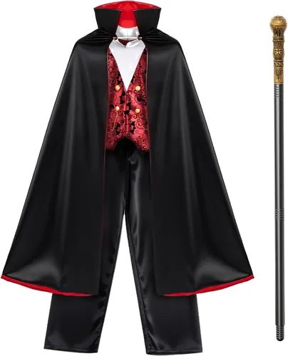 Vista 7 de KukuFun Vampire Costume Set for Kids Boys, Halloween Party Vampire Cosplay Outfit with Cape, Shirt, Pants & Scepter, Kids Vampire Costumes Size for