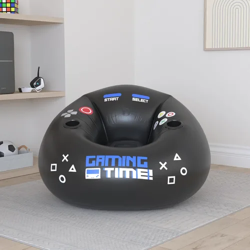 Vista 2 de Silla de juego inflable para niños y adolescentes con portavasos y bolsillos laterales - Estas sillas de tipo «puf» de aire para juegos para niños