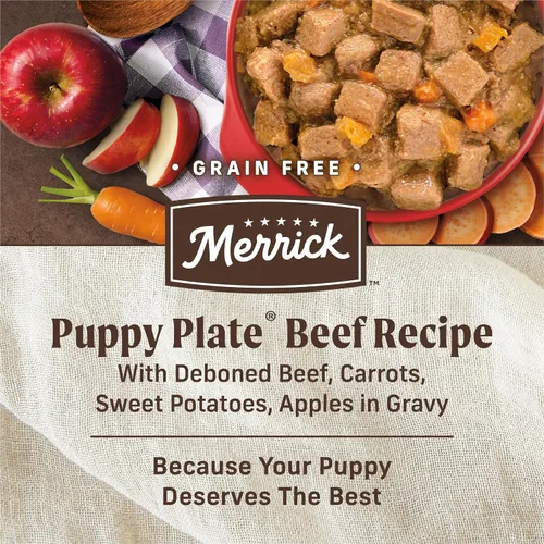 Vista 4 de Merrick - Puppy Plate - Comida húmeda para cachorros sin granos, receta con carne de res, 12.7 onzas (Paquete de 12 unidades)