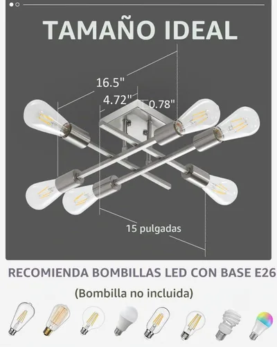 Vista 5 de Lámpara de techo semiempotrada de 6 luces, moderna lámpara Sputnik de níquel cepillado, lámpara de techo de granja E26, cocina, dormitorio, sala