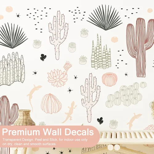 Vista 2 de Calcomanías de pared de cactus para dormitorio, calcomanías de pared de cactus dibujadas a mano, calcomanías de pared de cactus de vinilo para sala