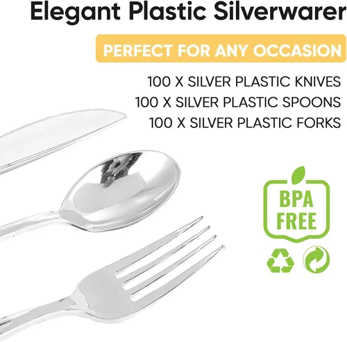 Vista 3 de FOCUSLINE Juego de 300 cubiertos de plástico plateado – 100 tenedores, 100 cuchillos, 100 cucharas – cubiertos desechables de plástico resistente