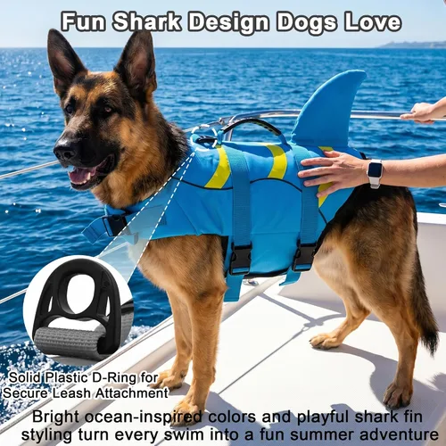 Vista 6 de Chaleco salvavidas para perros de Fragralley Shark, chaleco salvavidas ajustable para perros con aleta de tiburón, adecuado para perros pequeños