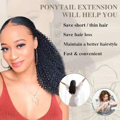Vista 6 de Extensión de cola de caballo de cabello humano de 12 pulgadas con cordón rizado profundo para mujeres negras, extensión rizada 3C, color negro