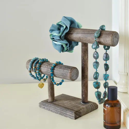 Vista 7 de Ikee Design Torre de exhibición de relojes de pulsera de madera de 2 niveles, soporte de almacenamiento para collar, montaje libre, 7.9 pulgadas