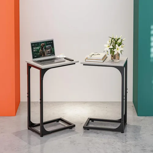 Vista 10 de Mesa auxiliar en forma de C para sofá, soporte de café pequeño, bandeja de sofá con marco de metal, parte superior de madera impermeable resistente