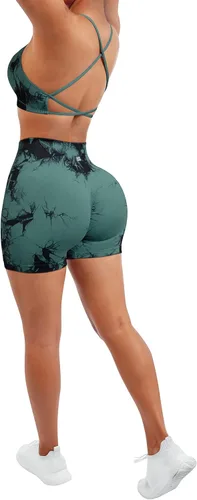 Vista 3 de SUUKSESS Conjuntos de entrenamiento sin costuras para mujer, sujetador deportivo con tiras y cintura alta, pantalones cortos