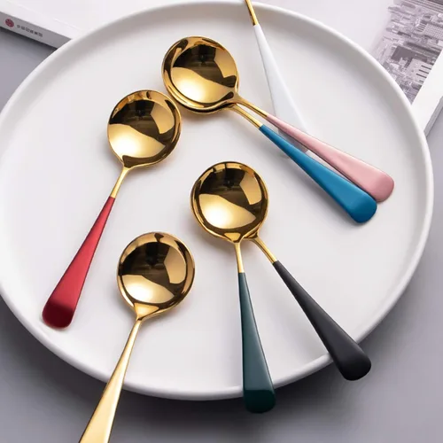 Vista 7 de Cucharas de sopa de metal, cucharas de acero inoxidable para sopa, redondas, coloridas, cucharas gruesas y de mango corto, cuchara de mesa de 6.3