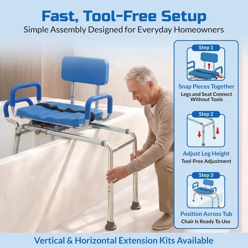 Vista 4 de Banco de transferencia deslizable para ducha con asiento giratorio Carousel, bariátrico, acolchado premium con apoyabrazos giratorios, alta