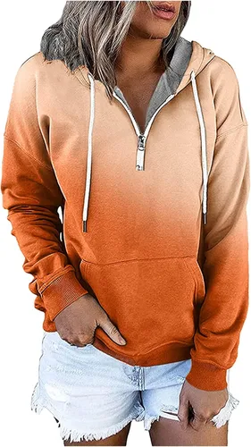 Vista 5 de Sudadera con capucha y media cremallera para mujer, con cordón, atlética, moderna, con bolsillo frontal, manga larga, para otoño