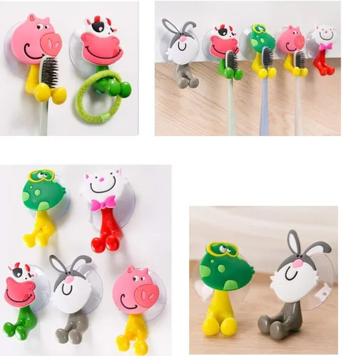 Vista 2 de 5 soportes para cepillos de dientes para niños, lindos animales de dibujos animados, montados en la pared, para niños, niñas, adultos, resistentes