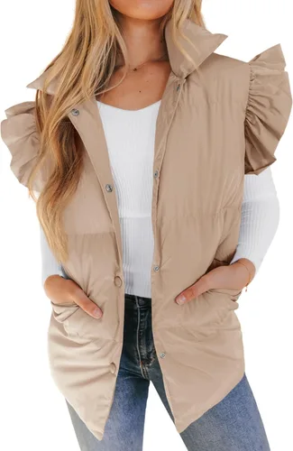 Vista 3 de Meyhad Chaleco acolchado de manga con volantes para mujer, chaleco acolchado sin mangas