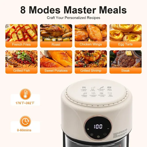Vista 6 de Freidora Airy, freidora de aire de vidrio de 4.2L/3.81 cuartos de galón, pantalla táctil con pantalla digital, freidora aireada visible de 360°