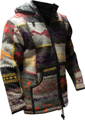 Vista 5 de Shopoholic Fashion Chaqueta de invierno para hombre, diseño de retazos, cuello alto, estilo hippie bohemio, multicolor