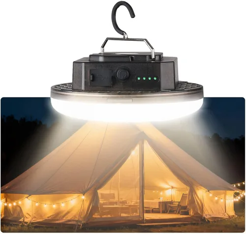 Vista 9 de Linterna LED recargable para campamento: luz de tienda de campaña con 3 modos y atenuación continua, carga rápida USB-C, IPX5 impermeable, gancho