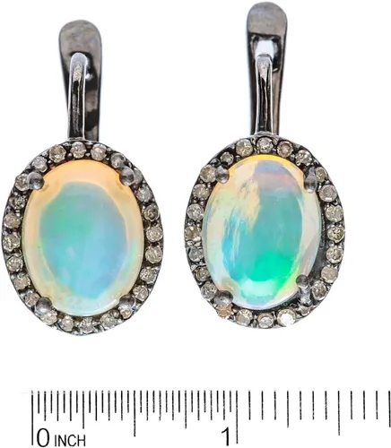 Vista 7 de Aretes ovalados con piedras preciosas de ópalo auténtico, con diamantes genuinos, idea de regalo para el día de San Valentín y Día de la Madre