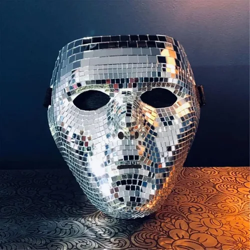 Vista 2 de Shop Love Máscara facial con purpurina de bola de discoteca, máscara musical con purpurina para adultos, máscaras anónimas geniales para fiestas