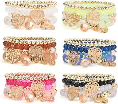 Vista 10 de Juego de pulseras bohemias para mujer, 6 juegos de pulseras elásticas apilables multicolor, joyería bohemia para mujeres, pulseras hippie, joyería
