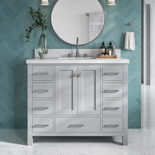 Vista 11 de DKB Isabella - Mueble de baño negro de 42 pulgadas con fregadero, lavabo rectangular, encimera de cuarzo blanco puro y protector contra salpicaduras
