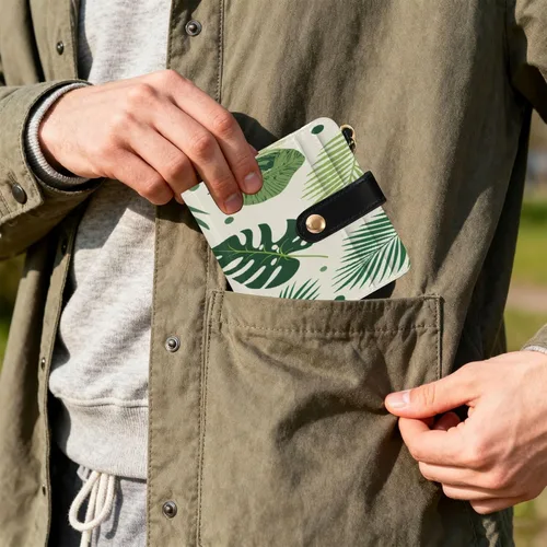 Vista 6 de Nander Green Leaf Small Wallet Women RFID Blocking Soft Leather Small Slim Thin Credit Card Wallet with Card Slots ID Window Zipper Coin Purse