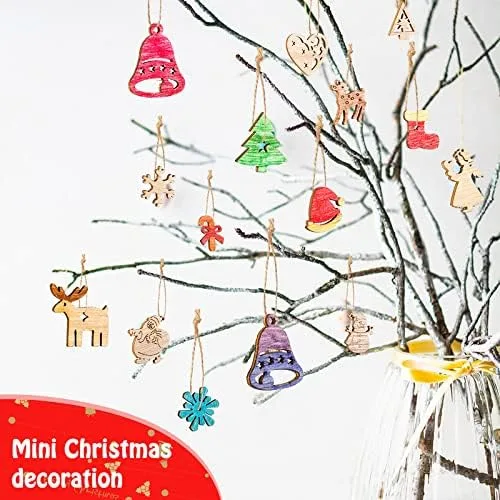 Vista 6 de 200 piezas de mini adornos de madera sin terminar, Halloween, Navidad, bricolaje, mini recortes de madera en blanco con caja de almacenamiento