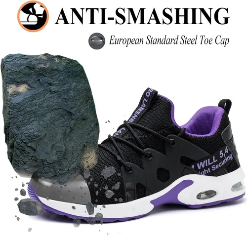 Vista 2 de LANSNBO Zapatos de punta de acero para mujer, zapatos de trabajo de seguridad indestructibles, con amortiguación de aire, ligeros, transpirables