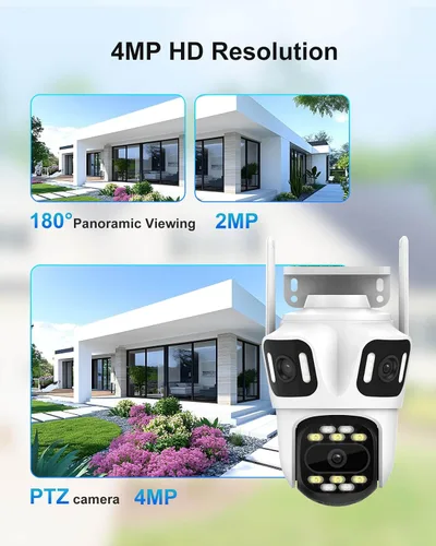Vista 5 de Cámara de seguridad para exteriores de triple lente WiFi de 9 MP, tres cámaras en una, panorámica/inclinación de 360°, seguimiento automático