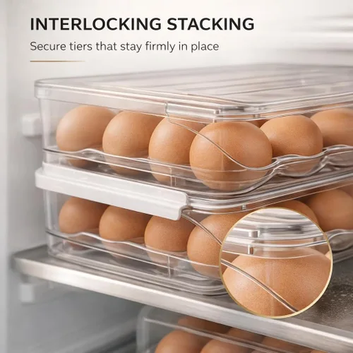Vista 4 de Soporte para huevos para refrigerador con dispensador automático rodante, dispensador de huevos para refrigerador, organizador de huevos apilable