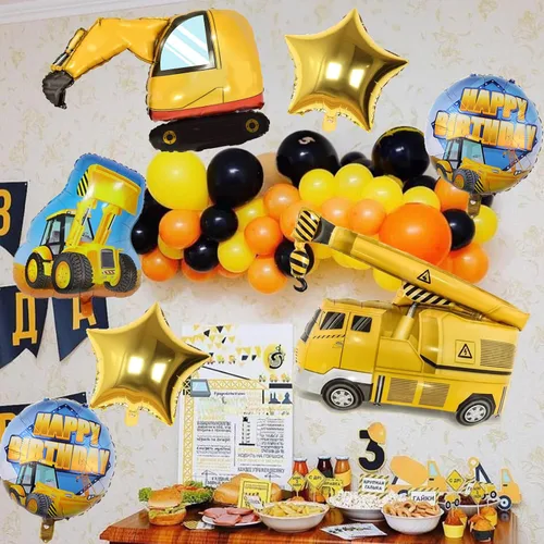 Vista 7 de Suministros de fiesta de 2º cumpleaños de construcción, juego de 9 globos de construcción con globo dorado del número 2 de 2 años, globo de aluminio