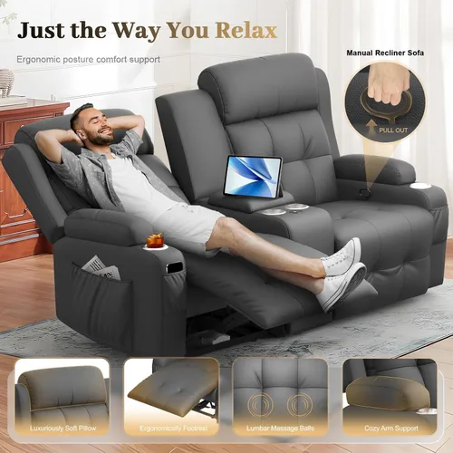 Vista 75 de Sofá de Dos Plazas Reclinable, Sofá Reclinable de Masaje con Gran Capacidad de Peso, Silla de Dos Plazas para RV en Liquidación con Consola, USB