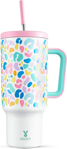 Vista 51 de Meoky - Vaso de 30 oz con asa, tapa y pajilla, taza de viaje térmica de acero inoxidable 100% a prueba de fugas, para portavasos, mantiene el frío