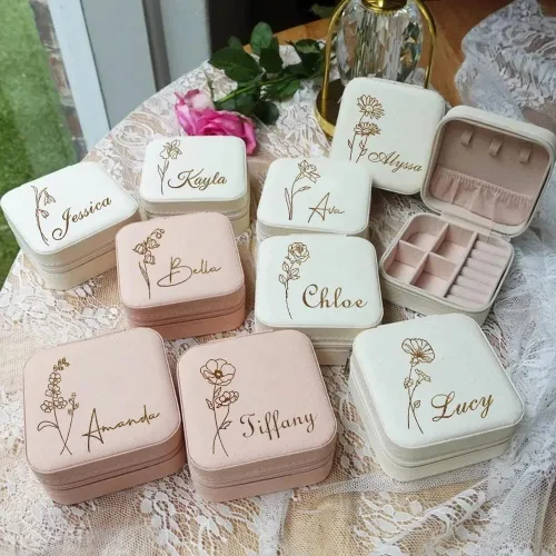 Vista 9 de Joyero personalizado para mujer, joyero de viaje personalizado con nombre, organizador de joyas de viaje para anillos, aretes, collares, regalos