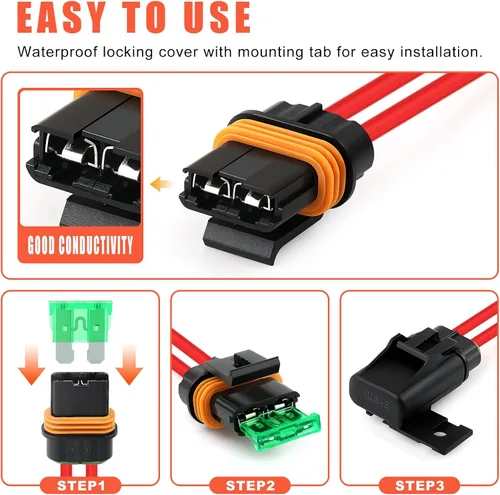 Vista 4 de Zhushan Juego de 6 portafusibles en línea 12V a prueba de agua – Portafusibles de cuchilla ATO/ATC de 12AWG con cubierta – Juego de fusibles