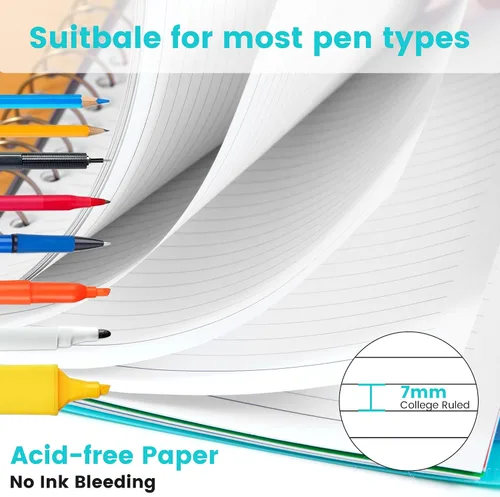 Vista 8 de CAGIE Cuadernos de espiral para trabajo escolar con pestañas divisorias extraíbles, cuaderno de 5 materias de 8.5 x 11 pulgadas, a rayas