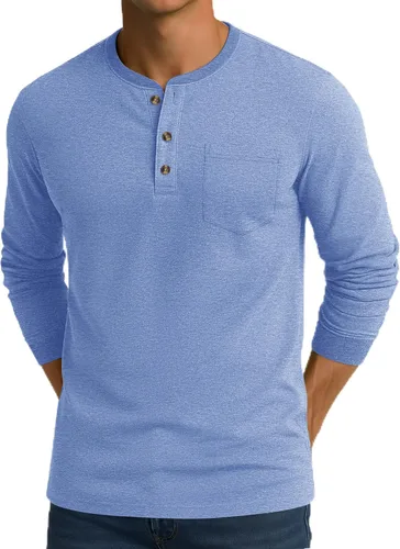 Vista 10 de CRYSULLY Camisa de manga larga para hombre, de algodón, con bolsillo de 3 botones, camisetas casuales elegantes ligeras tipo pullover