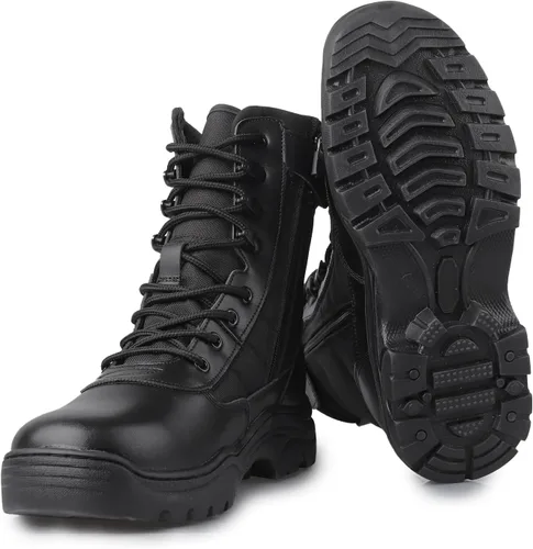 Vista 8 de Botas tácticas militares de combate para hombre, con cremallera lateral, botas de trabajo para el ejército y la policía, antideslizantes para tareas