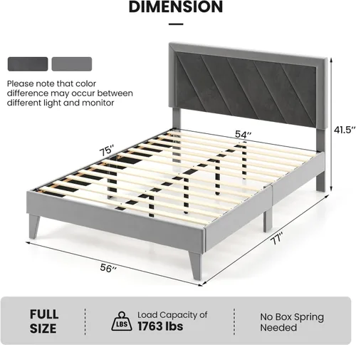 Vista 2 de Giantex Base de cama de terciopelo de tamaño matrimonial con cabecero, moderna plataforma tapizada, base de colchón con 12 listones de madera