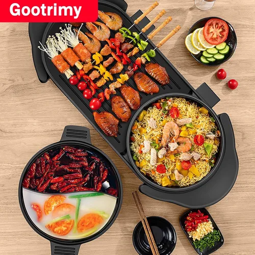 Vista 7 de Olla Caliente con Parrilla, Olla Caliente Eléctrica 2 en 1 Shabu Shabu Olla Caliente Barbacoa Coreana, Olla Caliente Desmontable 1200W / Bandeja