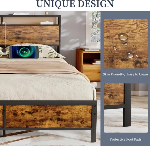 Vista 9 de Base de cama Queen con luces LED, cabecera de almacenamiento industrial con estación de carga y puerto USB, marco de cama industrial moderno