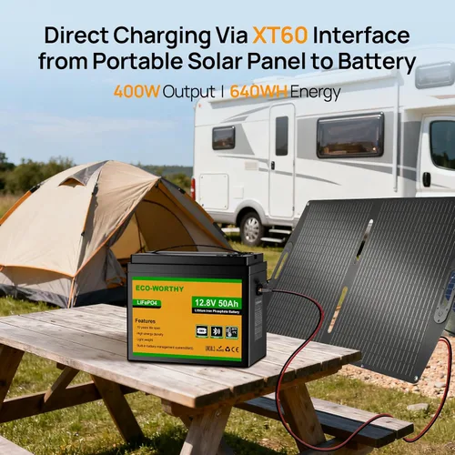 Vista 2 de ECO-WORTHY Batería de litio LiFePO4 de 12 V 50 Ah con panel solar portátil de 100 W, Bluetooth 5.0, protección a baja temperatura, se conecta al