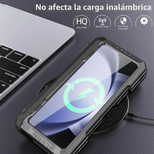 Vista 4 de Funda de metal para Samsung Galaxy Z Fold 5 con soporte para bolígrafo Fold5 S, resistente funda protectora de pantalla Z Fold 5, protector de Negro