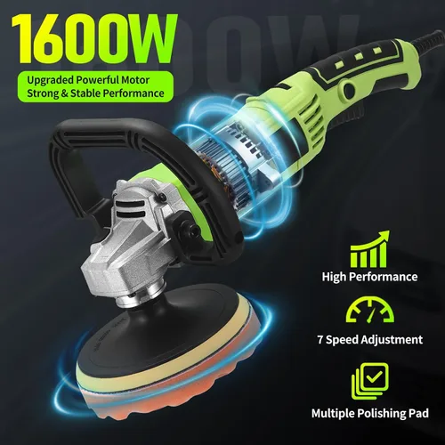 Vista 2 de Pulidora de búfer, 1600 W, 6 pulgadas/7 pulgadas, cera pulidora rotativa para automóvil, 7 velocidades variables 1600-3500 RPM, pulidora y pulidora
